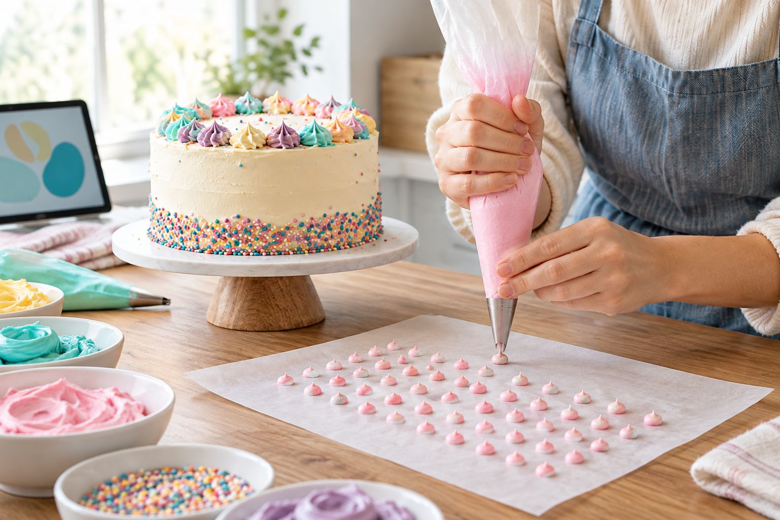 Hands practicing buttercream dots on parchment beside a frosted cake