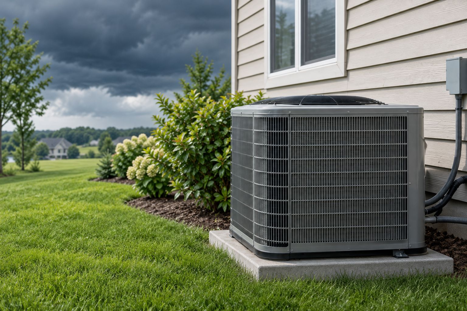 Outdoor central air conditioner condenser unit ahead of a Minnesota storm