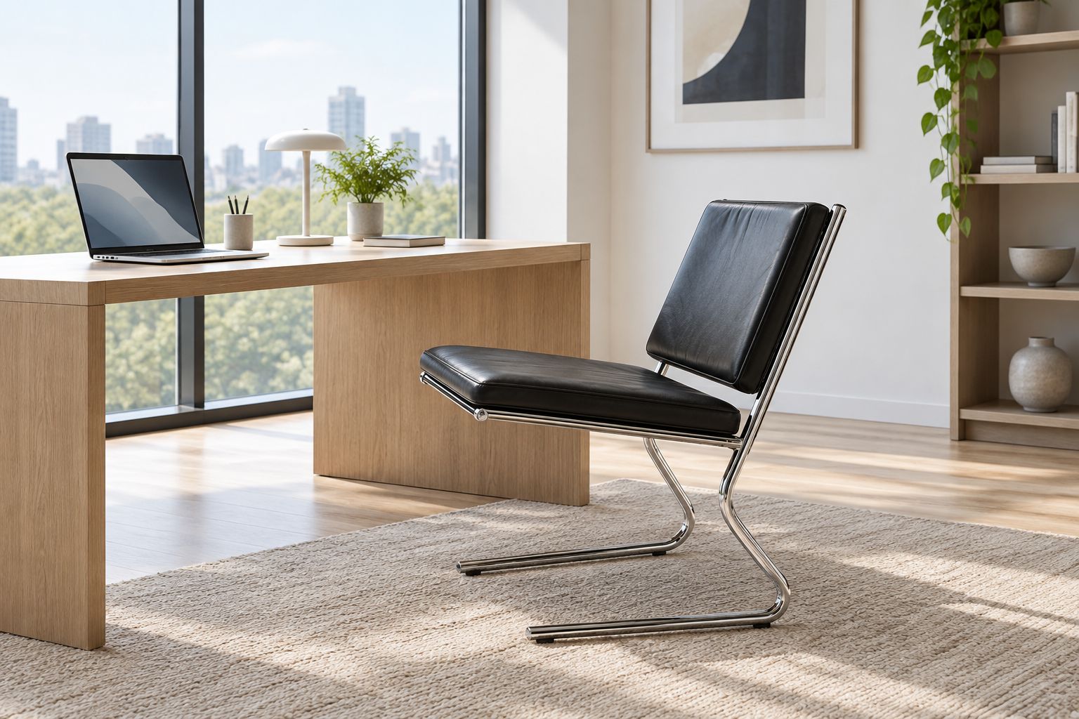 Minimalist home office with a cantilever steel chair at a pale desk