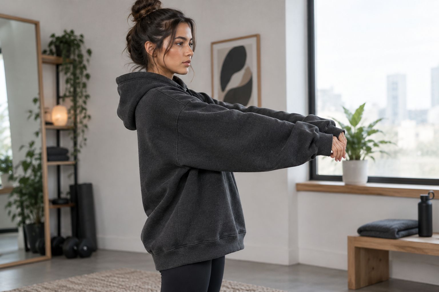 Side view of an athlete checking sleeve coverage and hem position in an oversized hoodie.