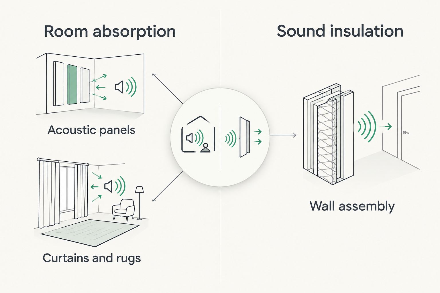 Comparison of room absorption treatments with the wall assembly responsible for sound insulation