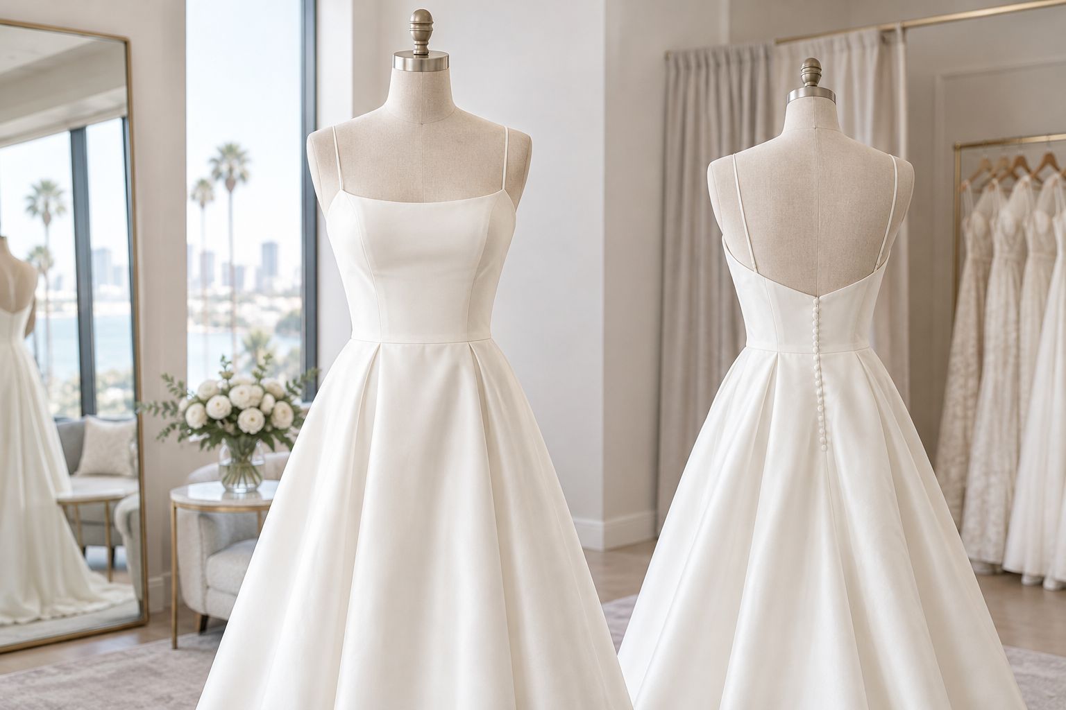 Wedding gown on a dress form showing its bodice seams, waistline, and back closure