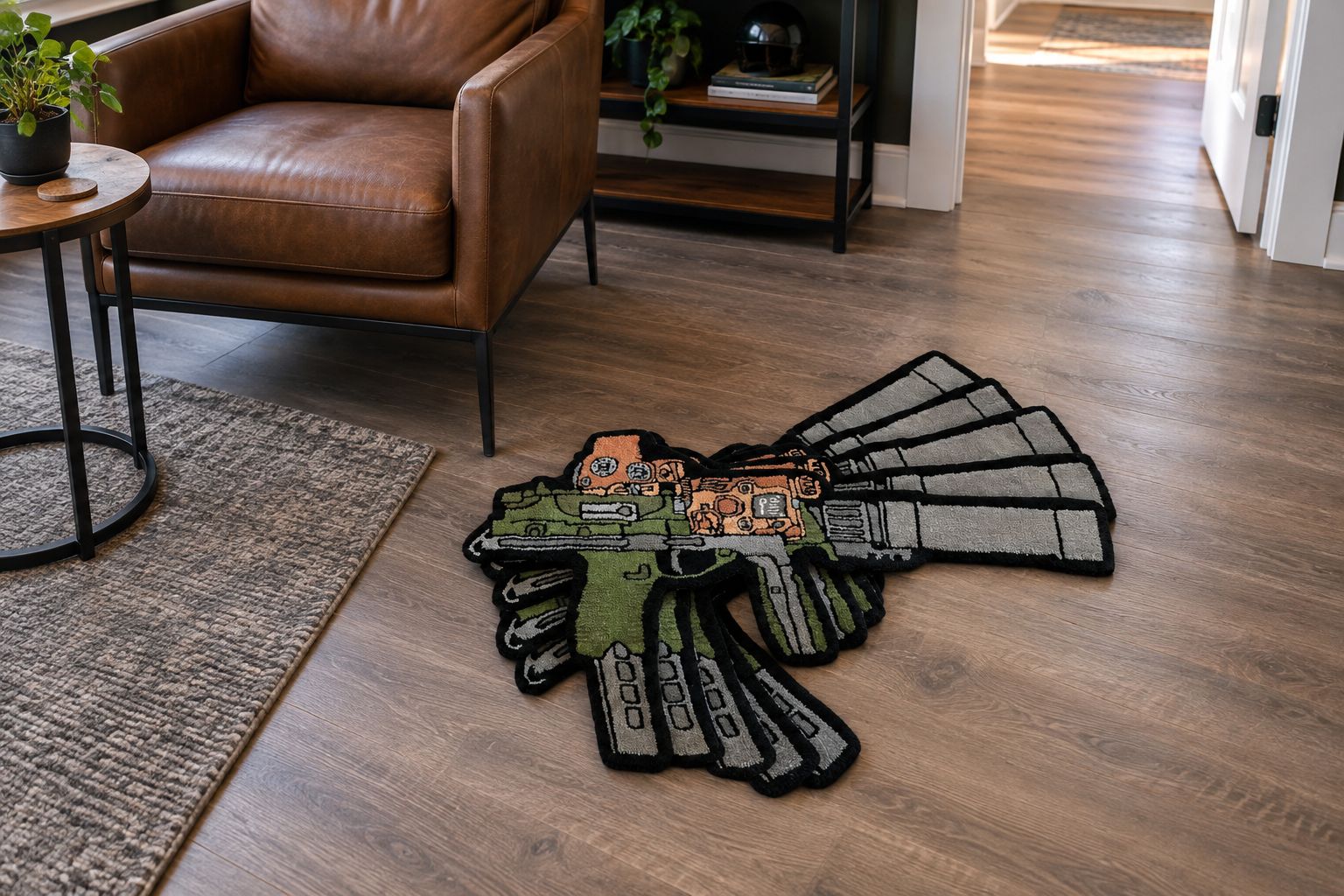 A tactical rug beside a lounge chair with a clear doorway and walking route