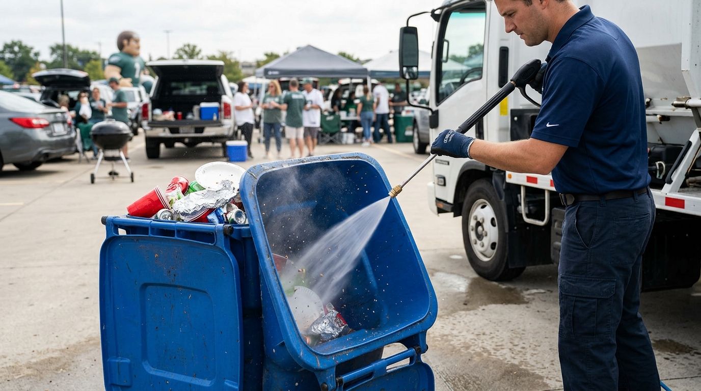 Trash bin cleaning for tailgating and game day trash