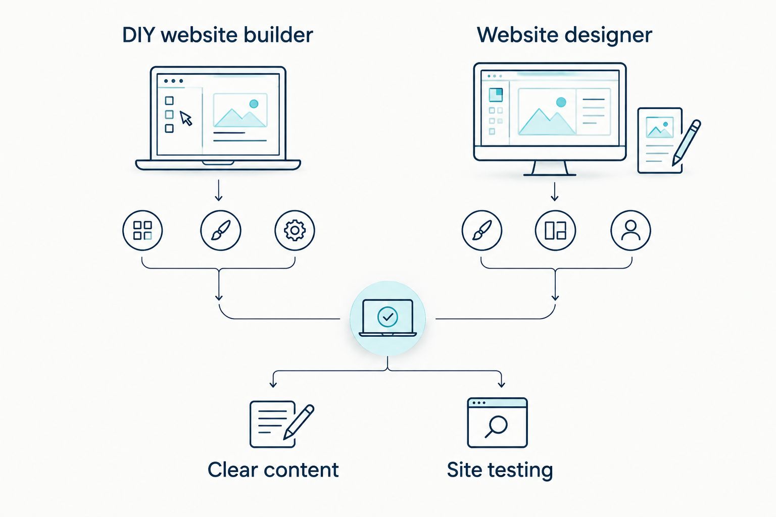 DIY builder and website designer compared, with content and testing shown as shared tasks