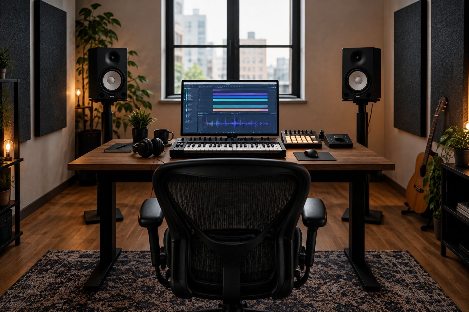 A compact studio with symmetrically positioned speakers and acoustic panels beside the listening position