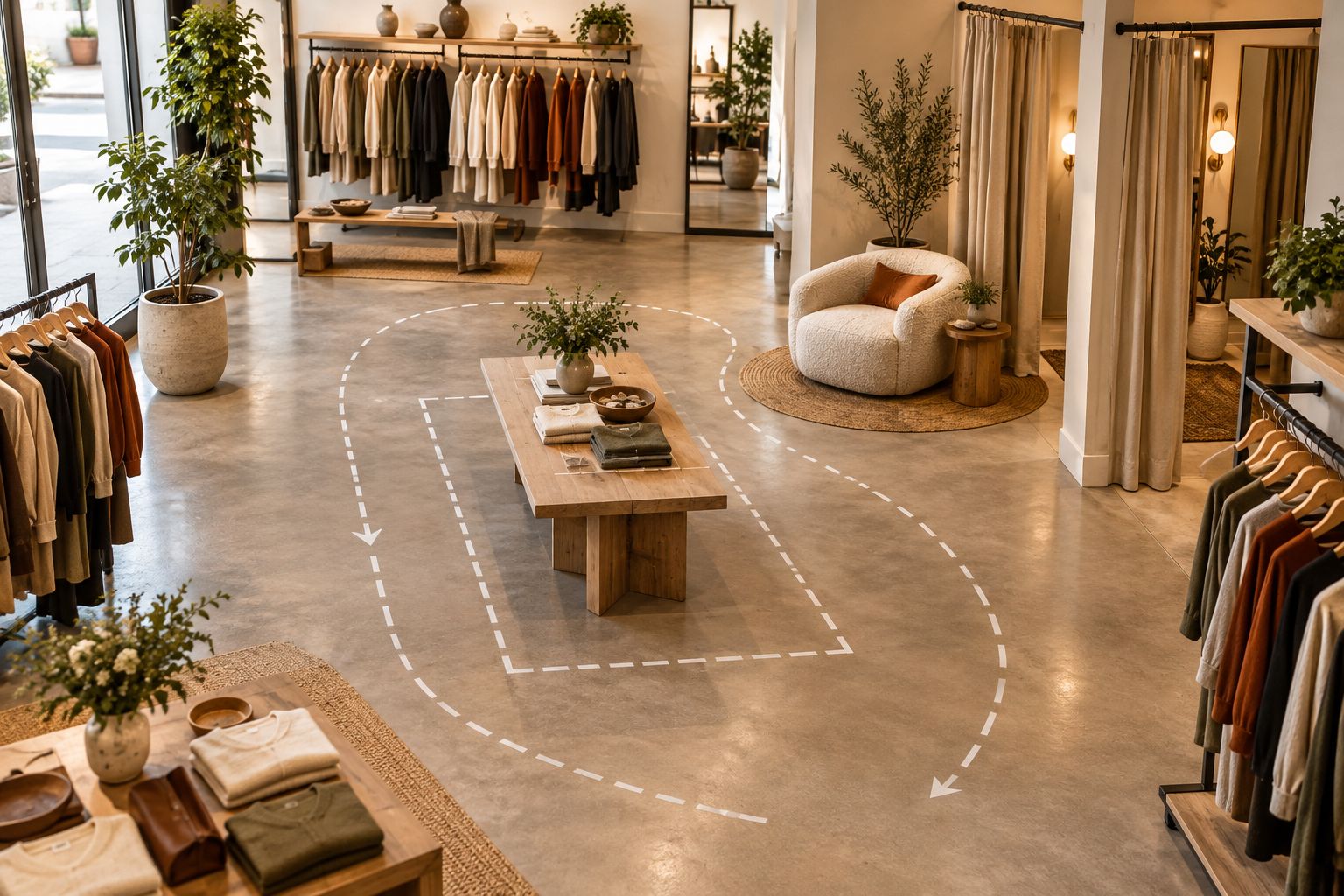 Boutique seating and a taped table footprint beside clothing rails and an open walking route