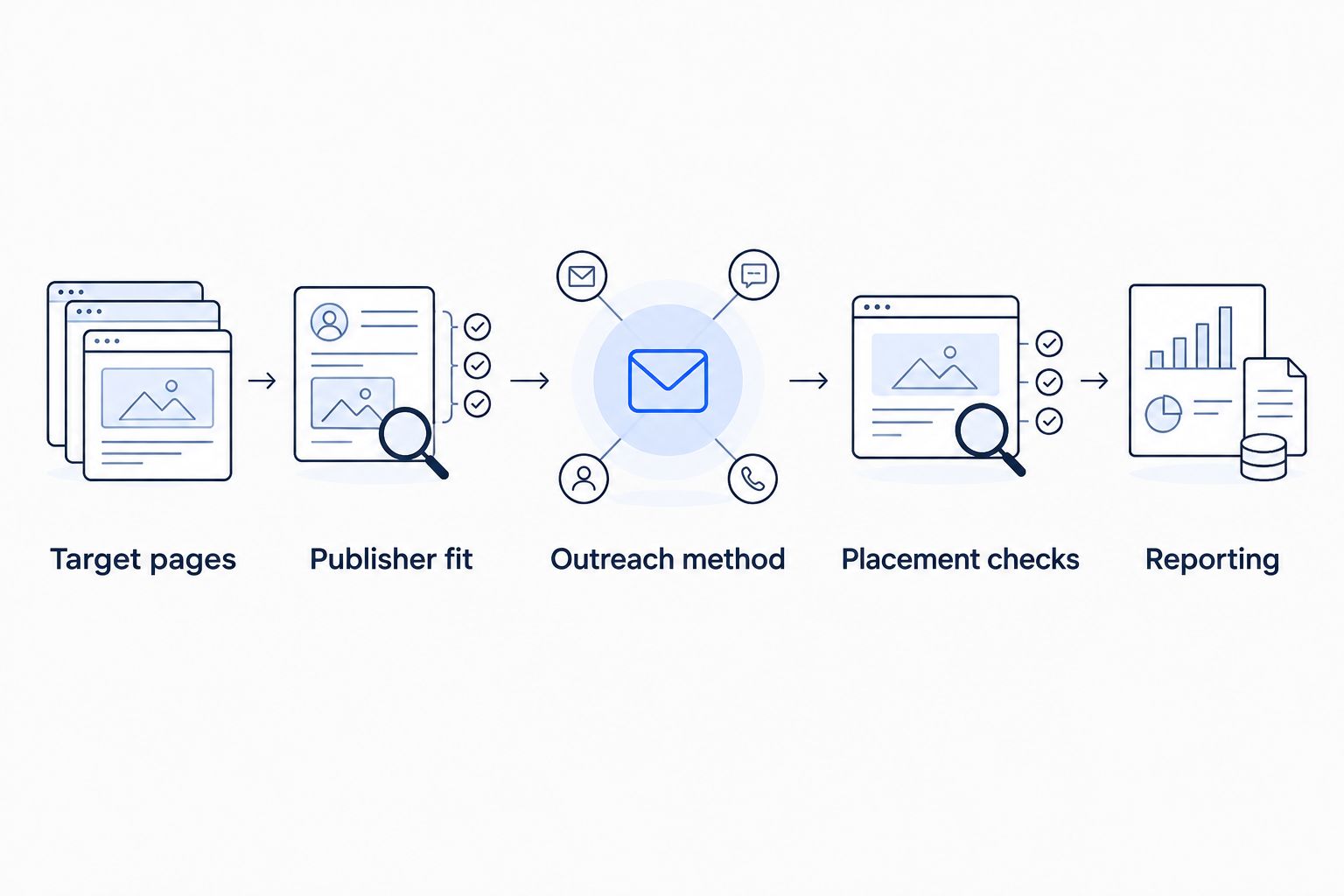 Agency briefing sequence from target pages through publisher checks to reporting
