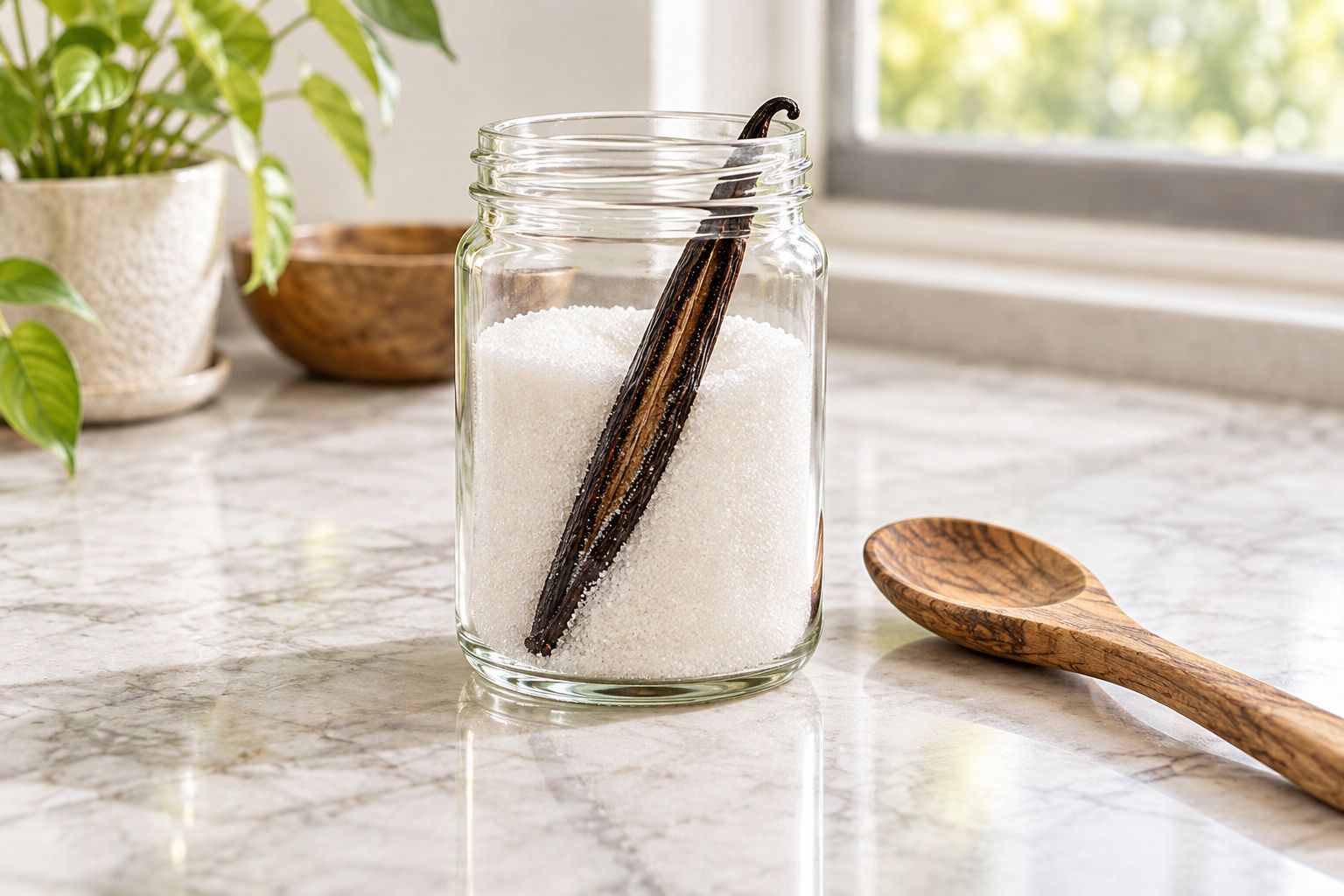 A dry split vanilla pod resting in a jar of granulated sugar