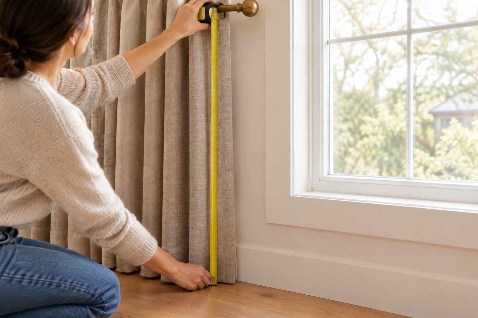Curtain attachment point and floor shown together to clarify the finished-length reference
