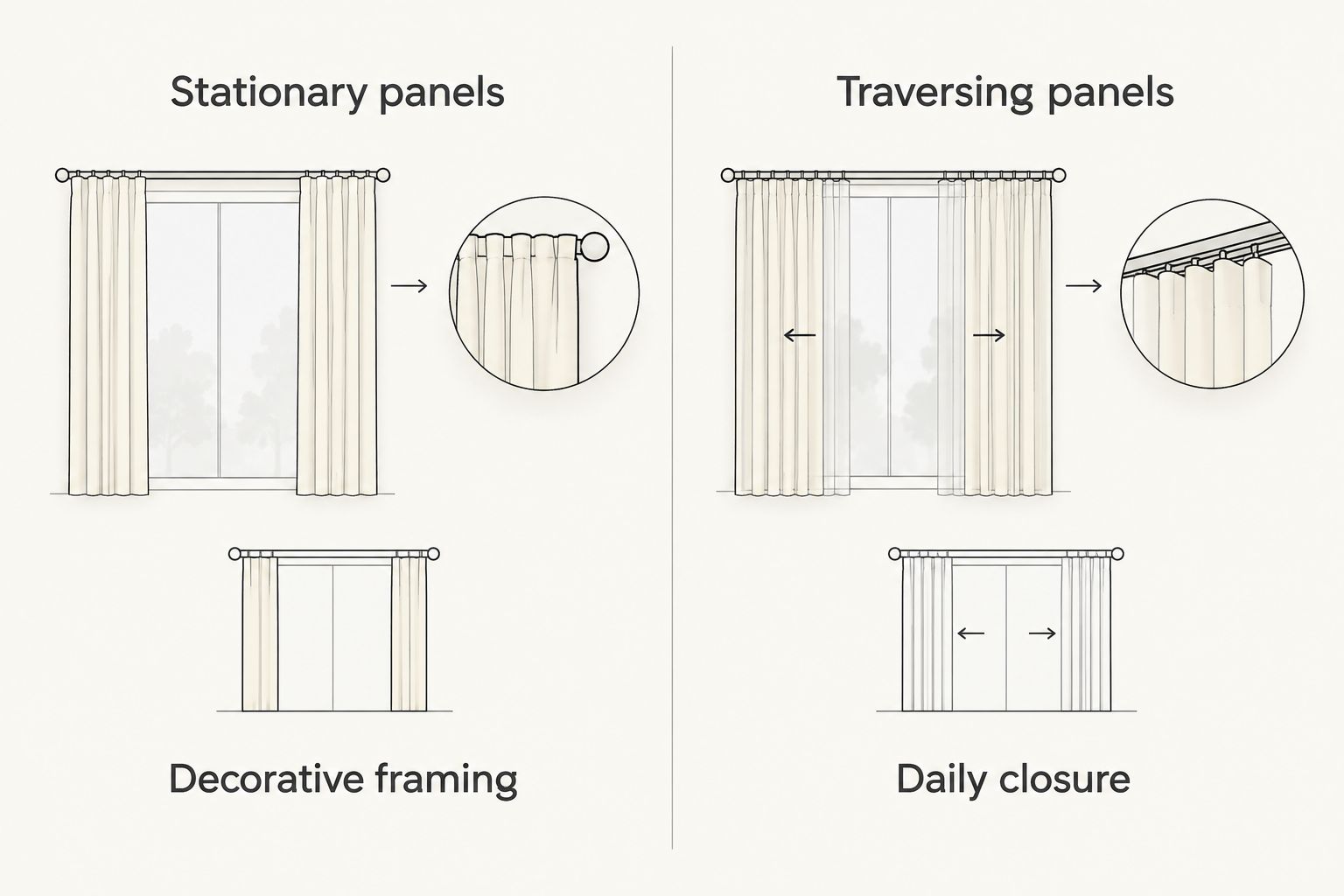 Comparison of stationary decorative drapery and traversing drapery designed for daily closure