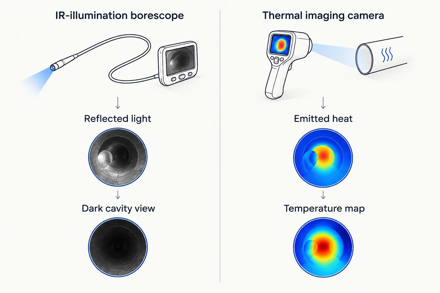Two-column diagram comparing IR-illumination borescopes and thermal imaging cameras