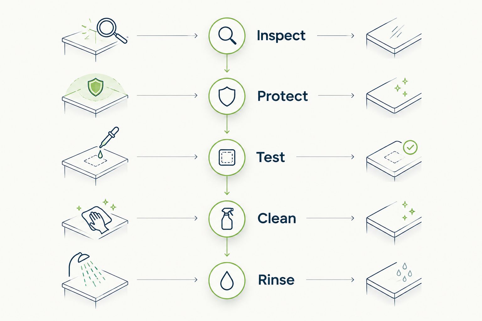 Five-stage exterior cleaning sequence from inspection through final rinsing