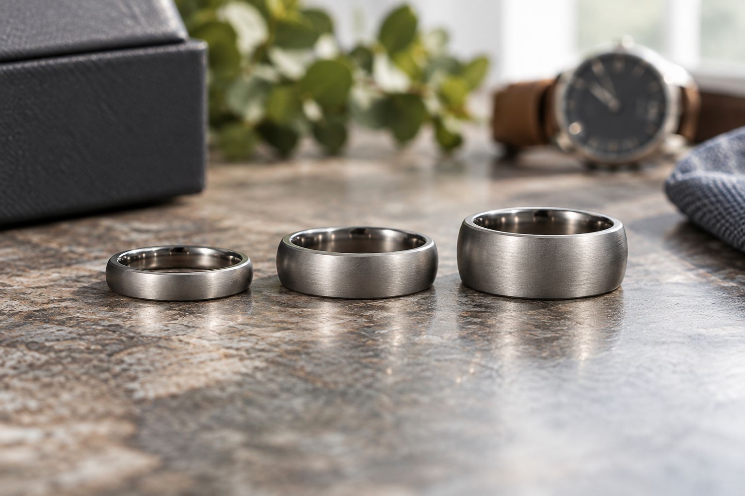 Three plain gray wedding bands showing narrow, medium, and broad proportions