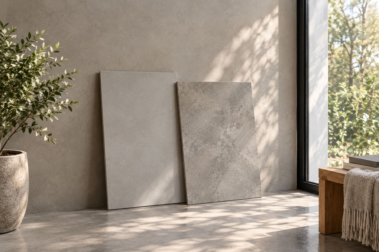 Two decorative cement-finish samples viewed beside a wall in natural side lighting
