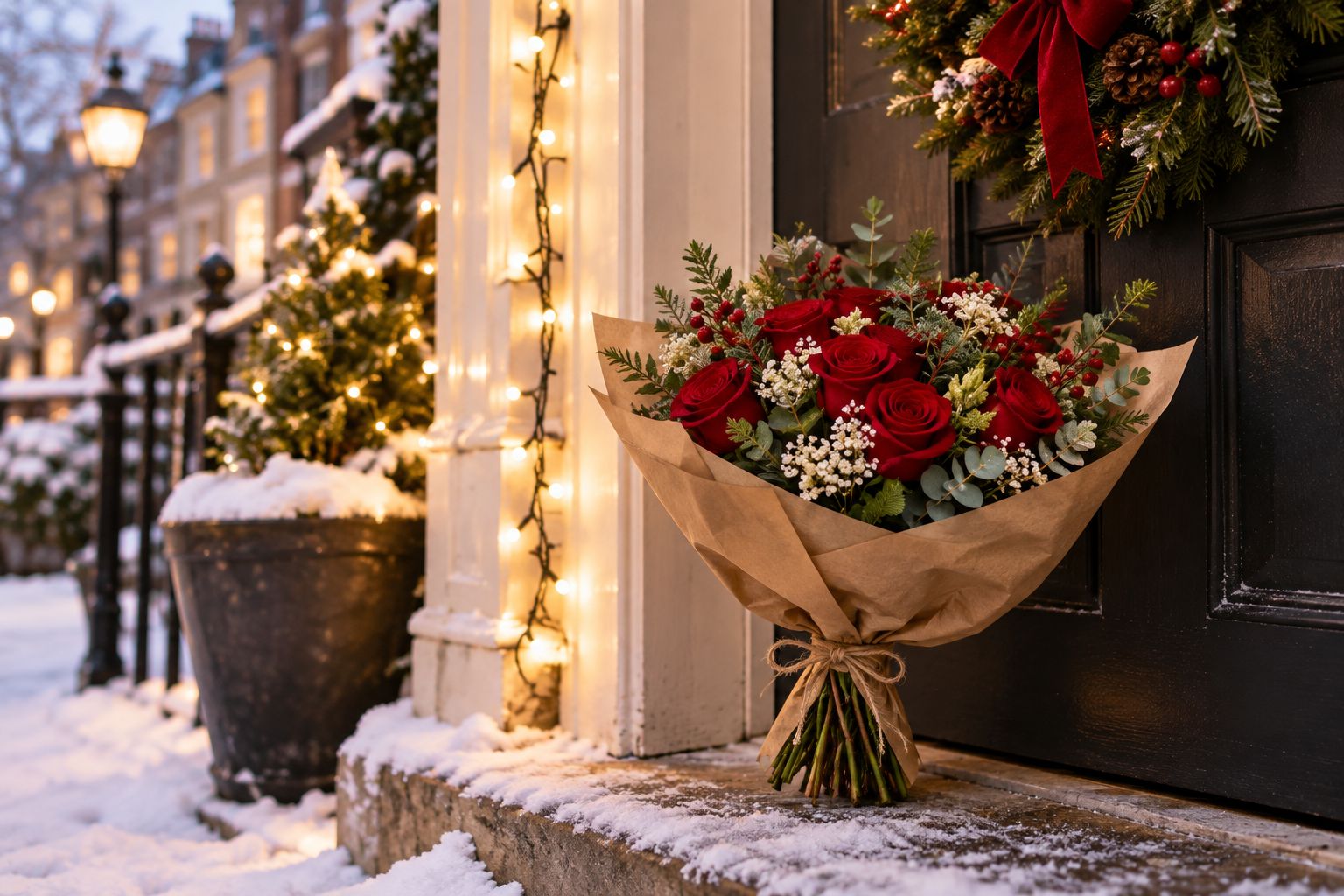 Bouquet of red roses delivered to a snowy London doorstep at Christmas