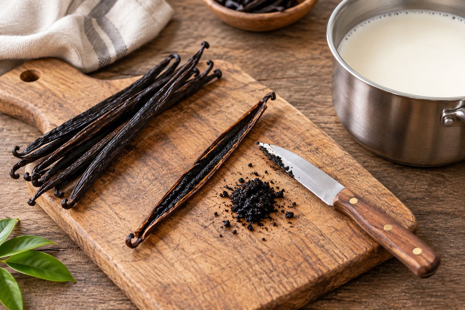Split vanilla pod and scraped seeds beside a saucepan of milk