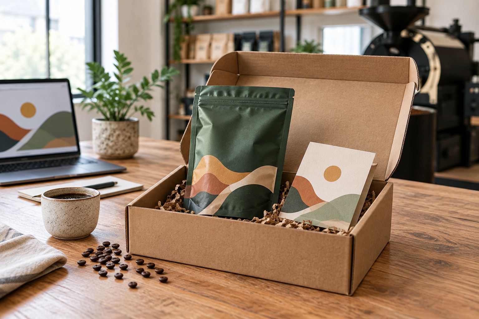 Open kraft shipping box with a coffee bag and printed insert card