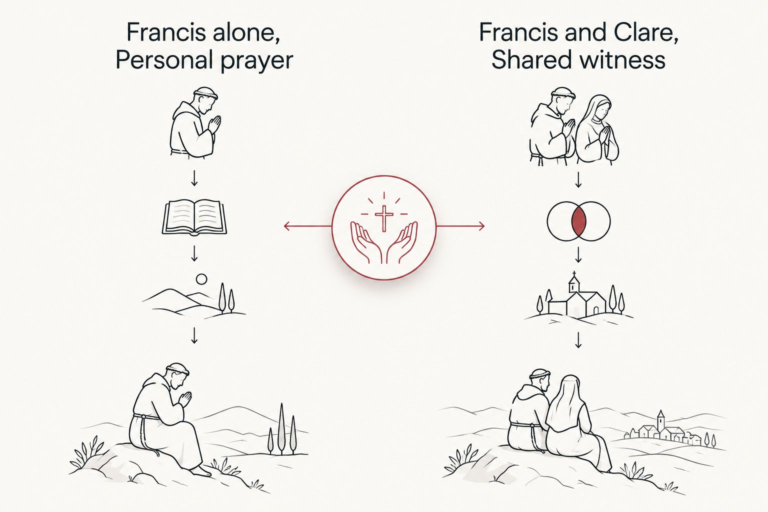 Two-column comparison of Francis alone for personal prayer and Francis with Clare for shared witness