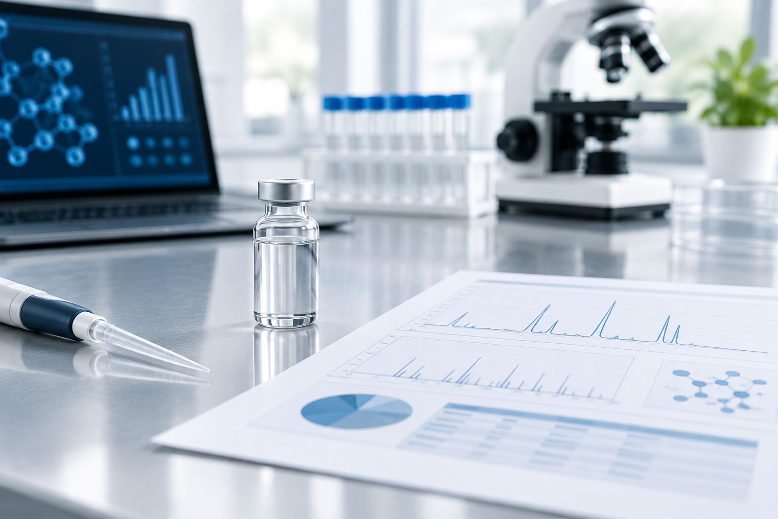 Lab bench with a research vial and a printed analytical documentation sheet