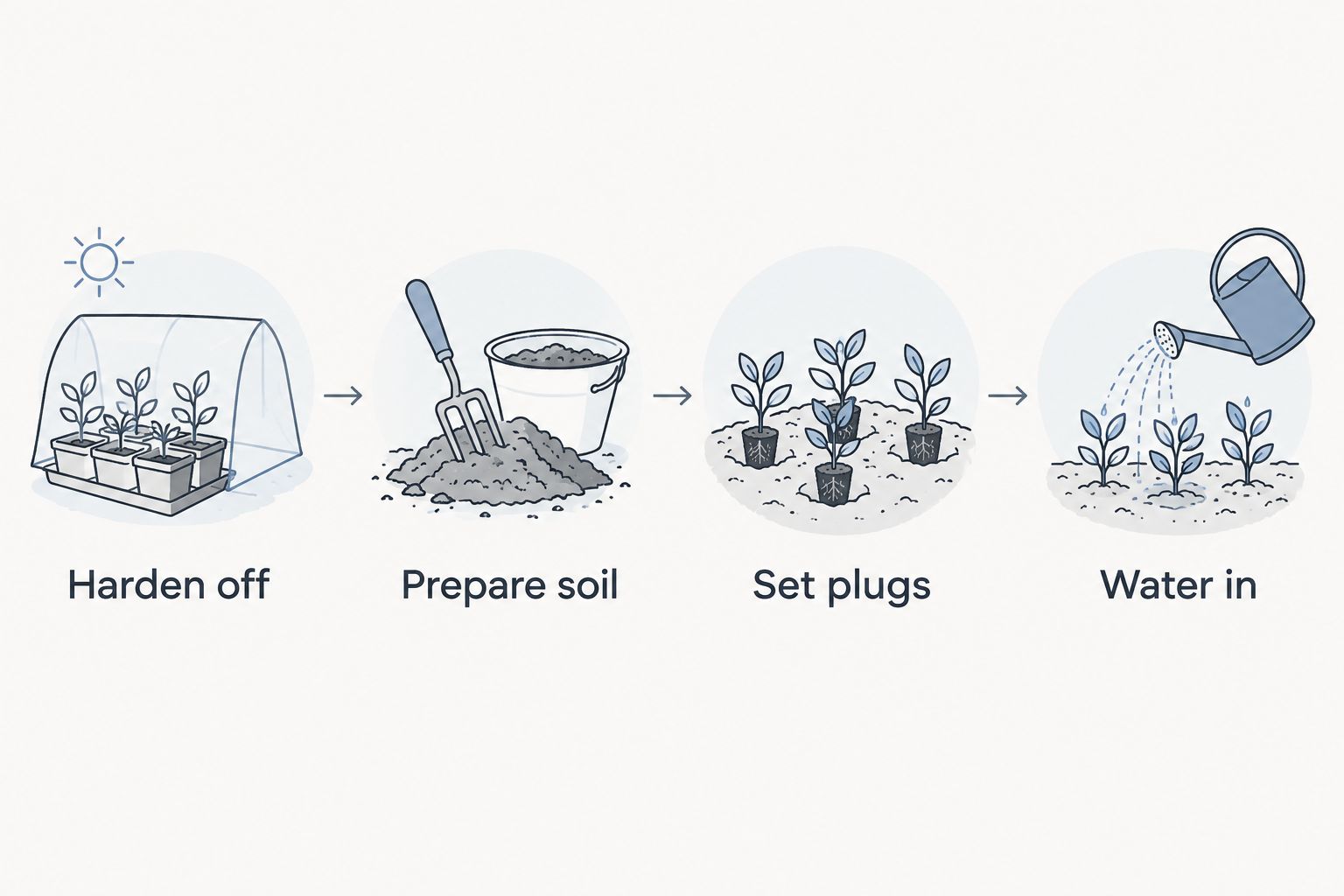 Four planting steps from hardening off flower plugs to watering them into prepared soil