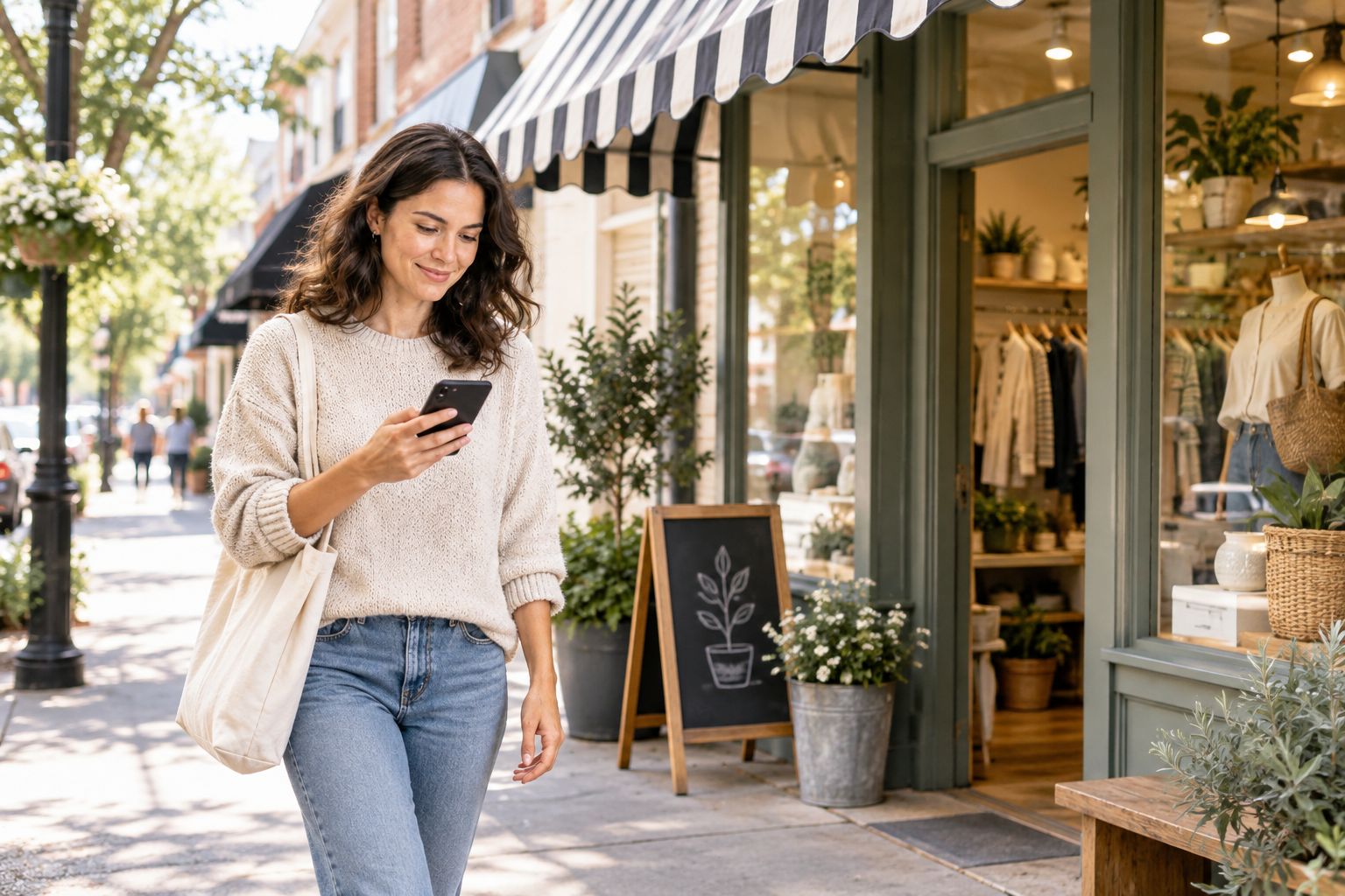 Independent retail storefront on a town street with a shopper checking their phone