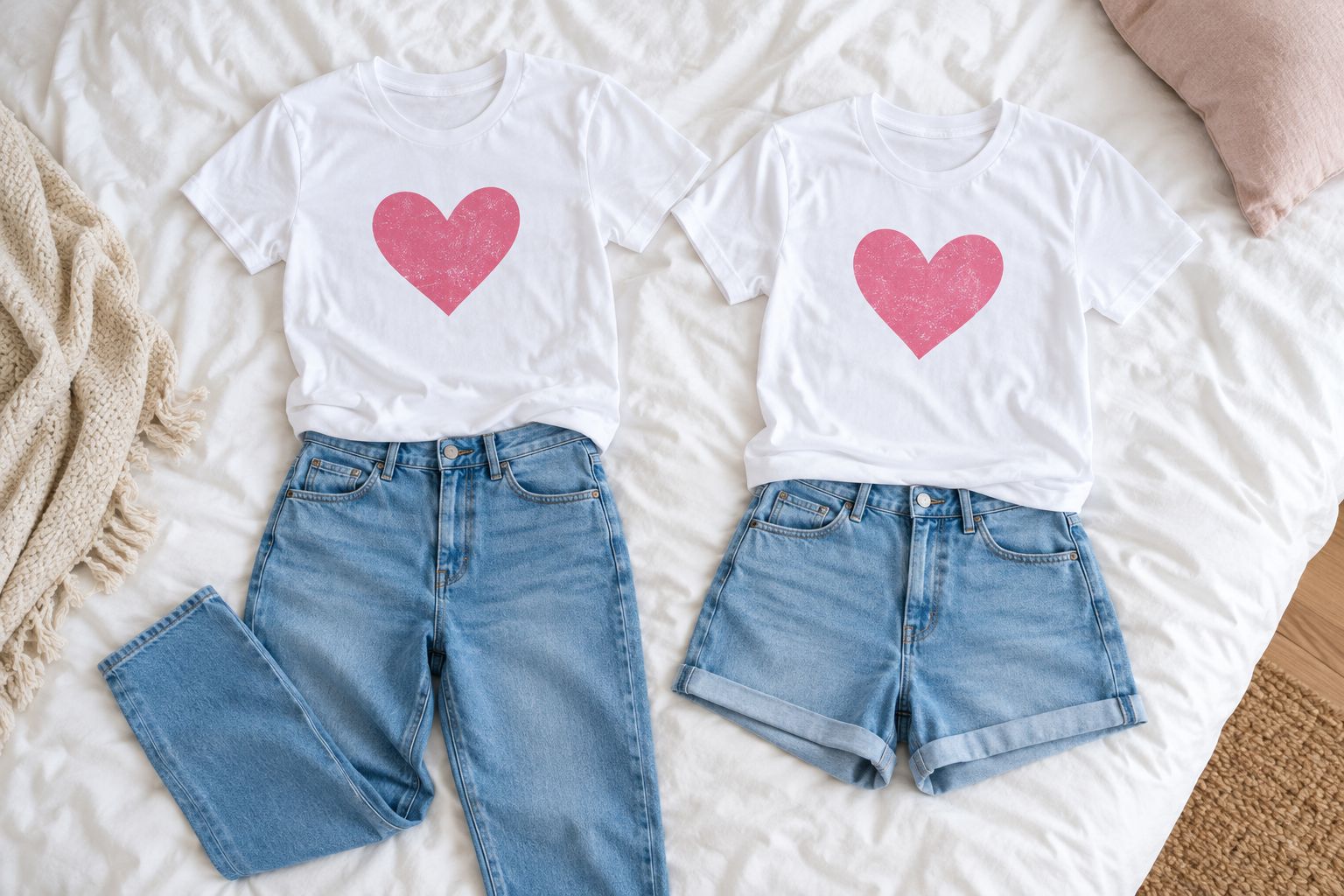 Two casual outfit combinations pairing plain T-shirts with jeans and shorts