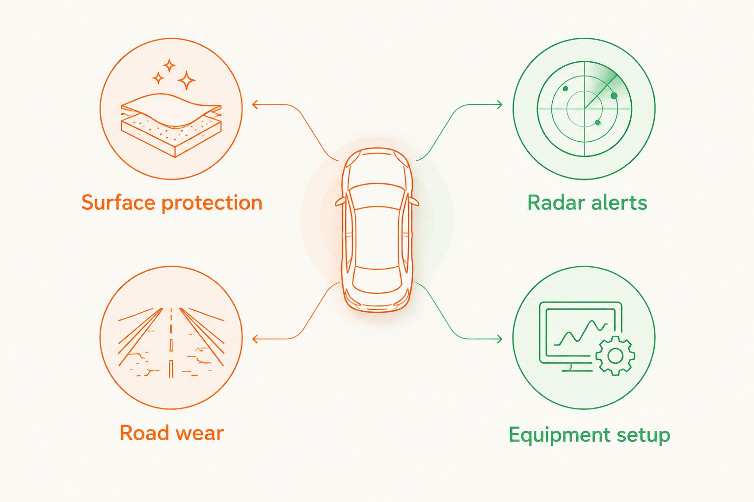 Separate checks for surface protection and road wear versus radar alerts and equipment setup