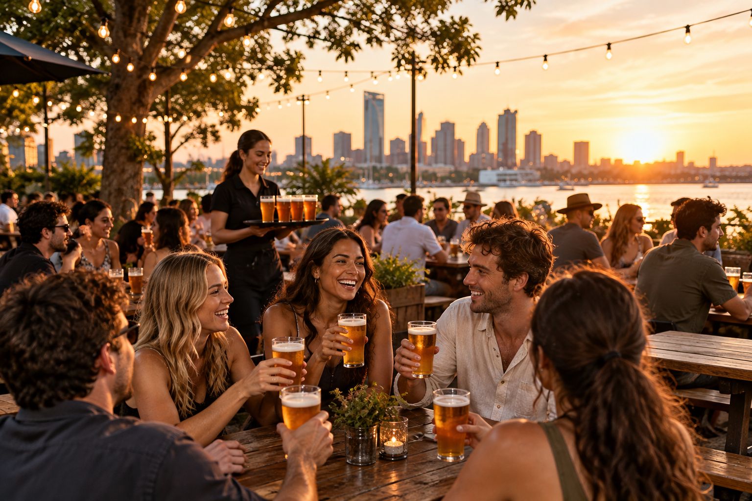 Crowded outdoor beer garden at a pub during golden hour