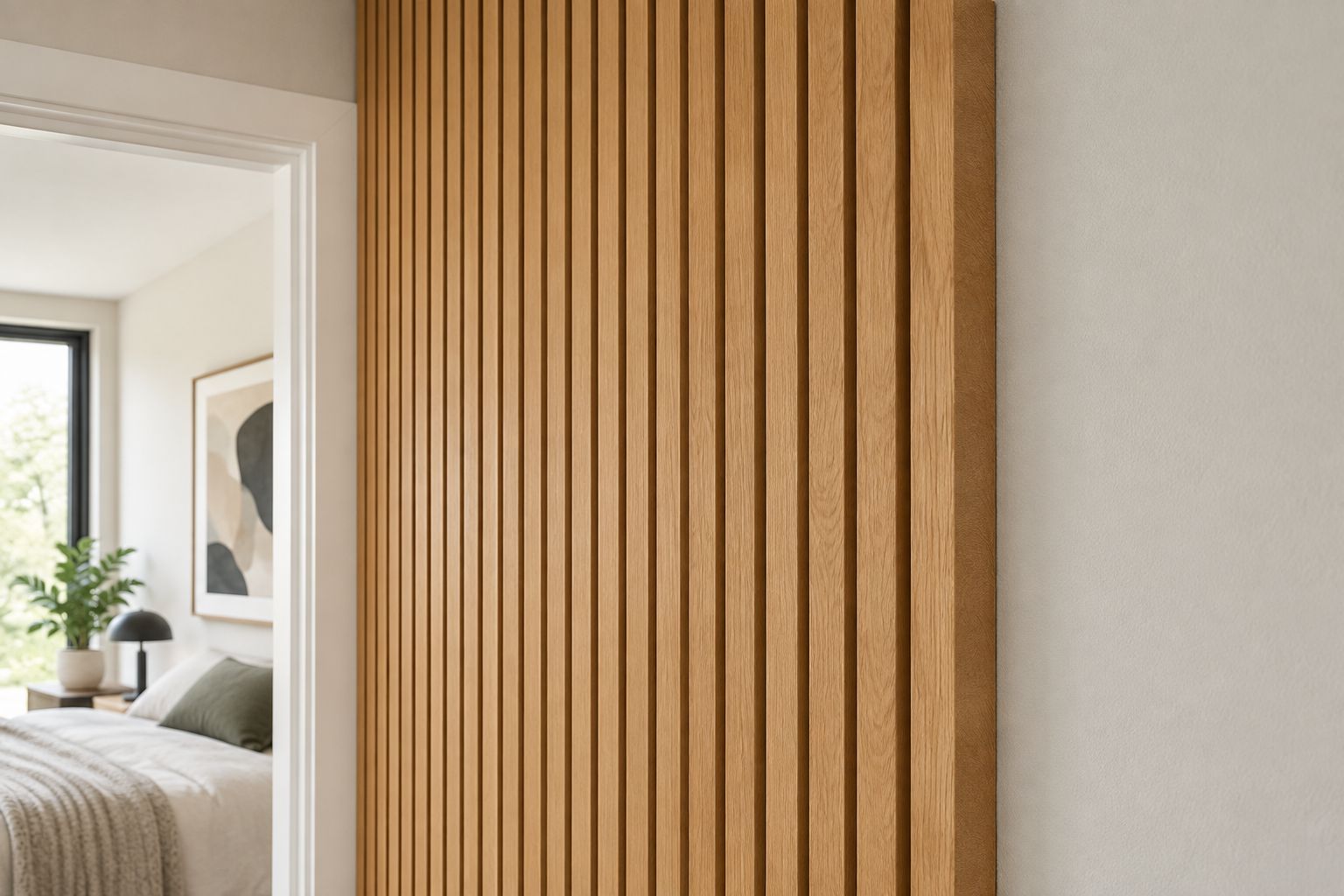 Close view of a wood slat wall edge beside a doorway