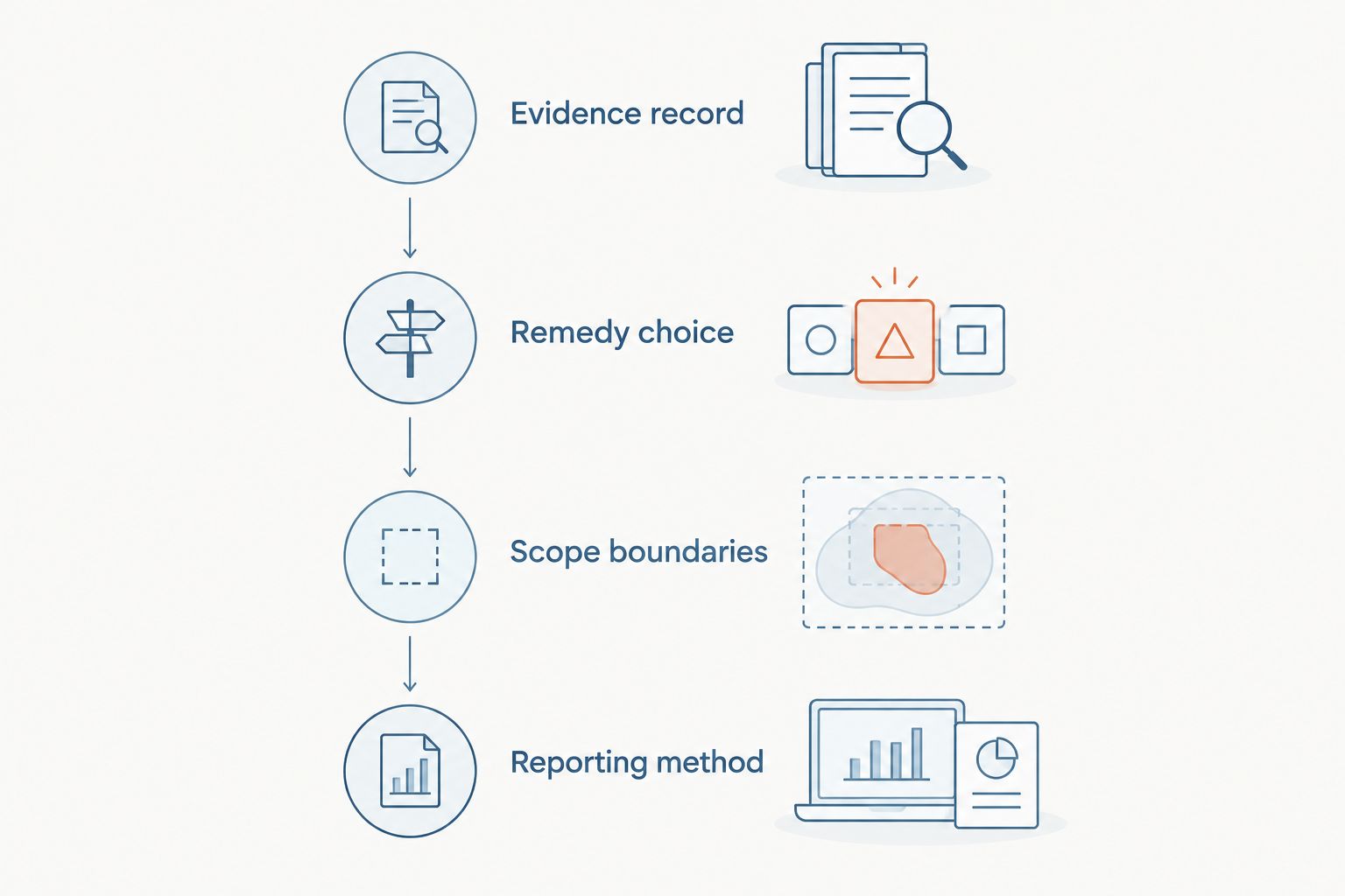 Four checkpoints for choosing a reputation response: evidence, remedy, scope, and reporting.