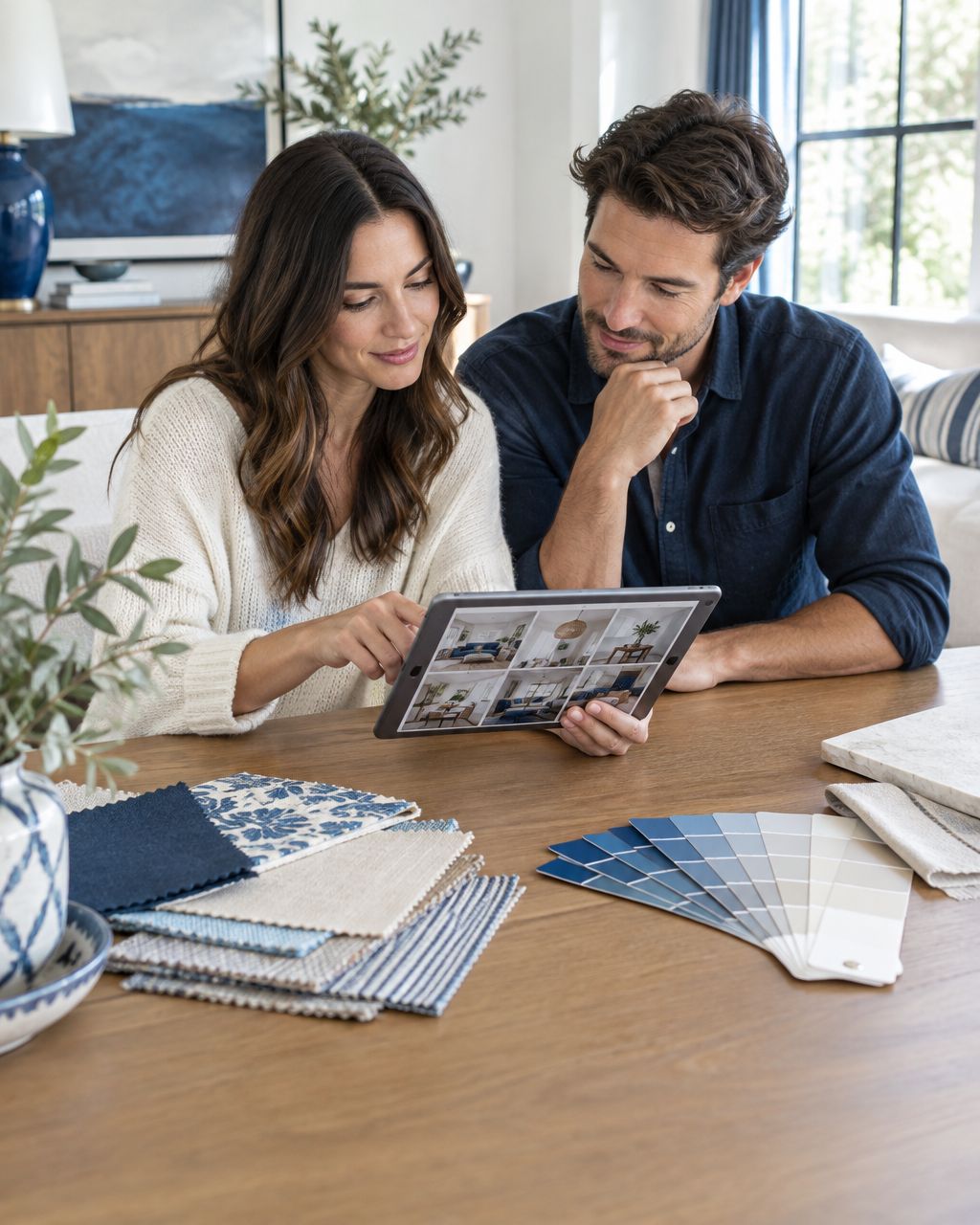 Couple browsing renovation design photos on a tablet with fabric swatches on the table
