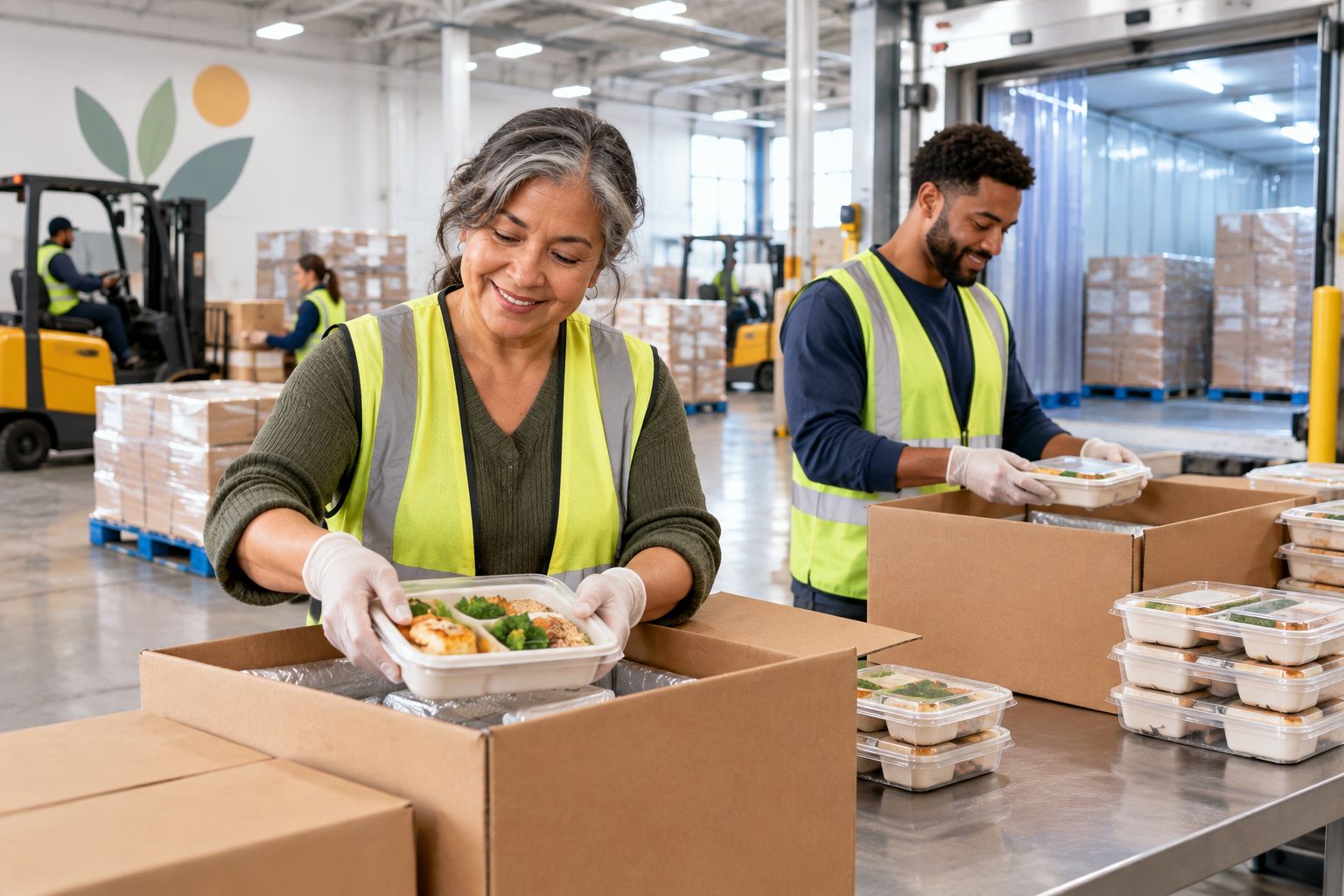 Warehouse workers packing meal kits for a nutrition logistics program