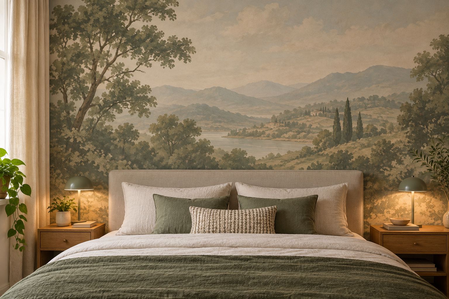 Bedroom with a landscape mural positioned so its main scene remains visible above the headboard