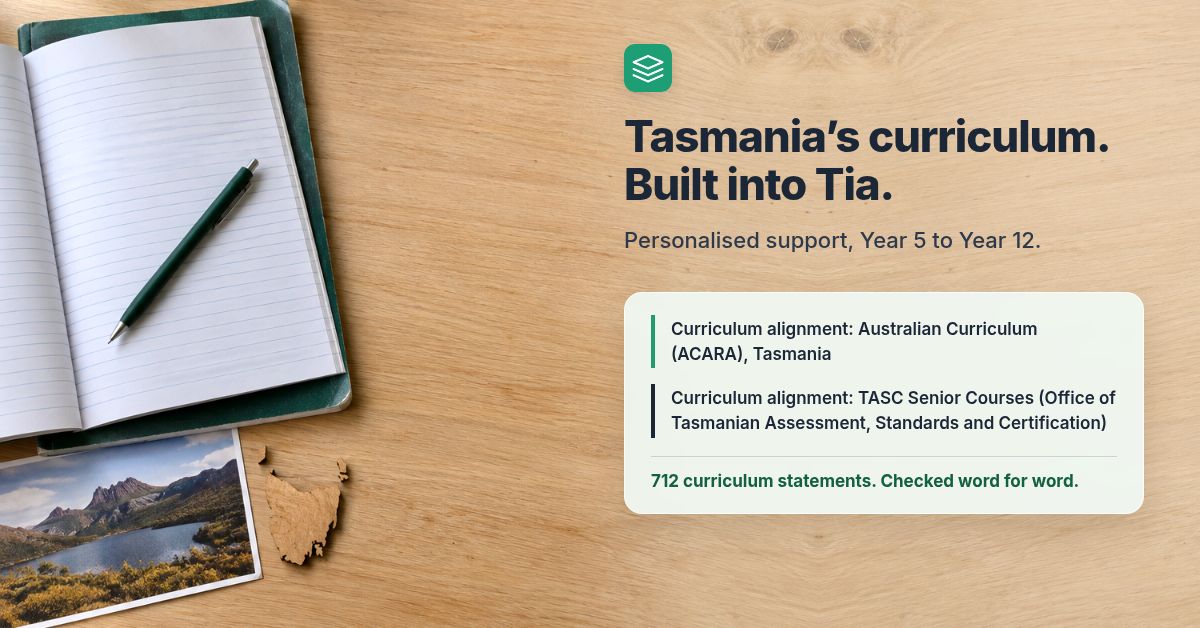 An open ruled homework workbook and pen on a Tasmanian study desk, beside a Tasmania map and Cradle Mountain image, with Australian Curriculum and TASC progress-report alignment examples