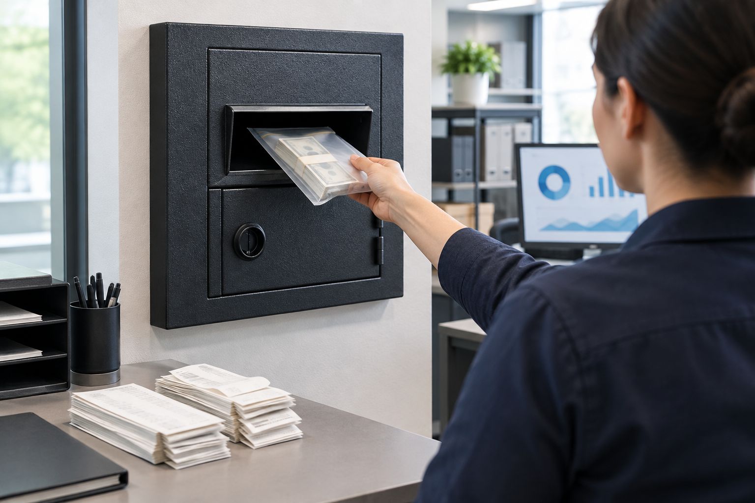 Employee depositing a sealed cash bag into a wall-mounted deposit chute safe