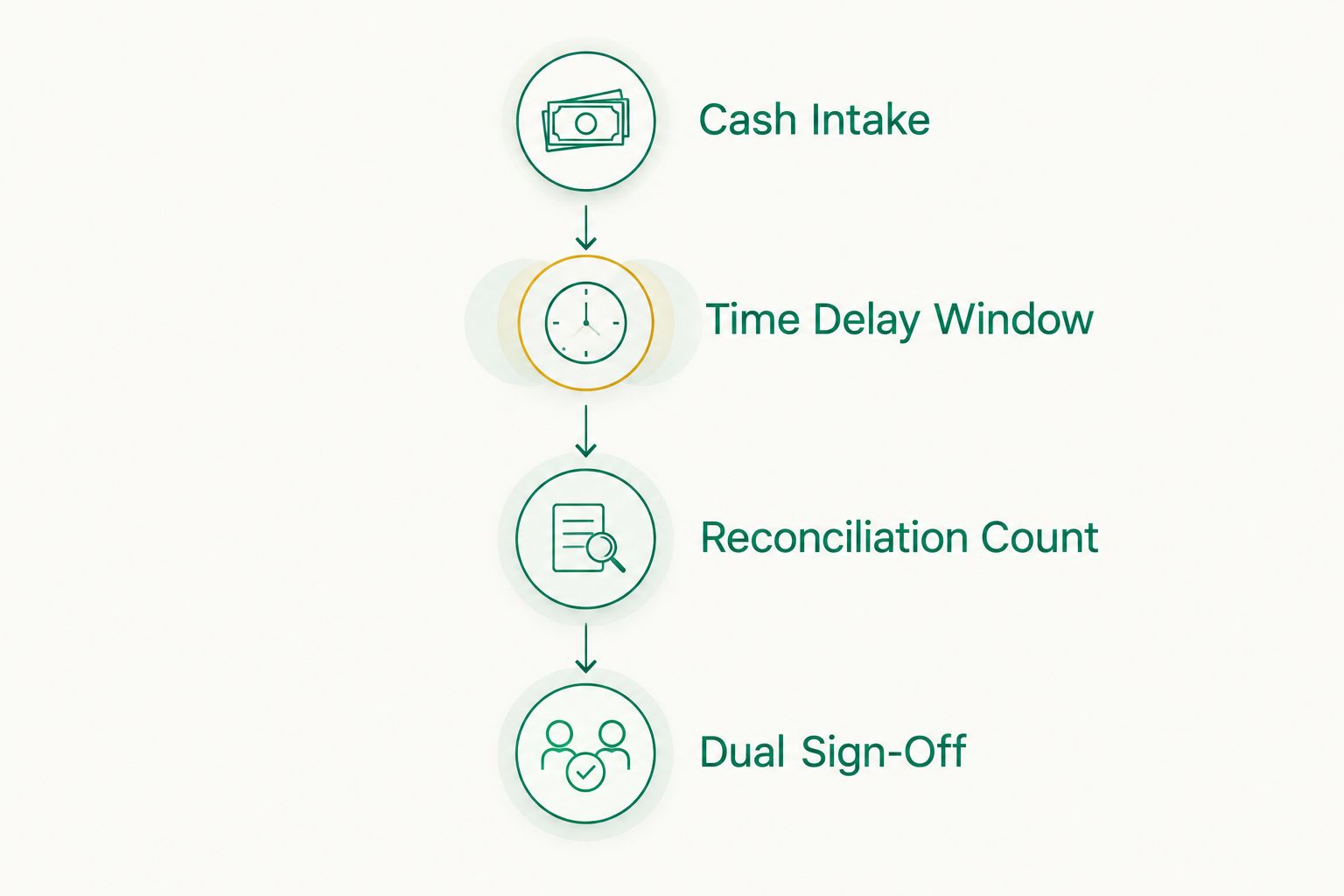 Four-stage timeline from cash intake to dual sign-off