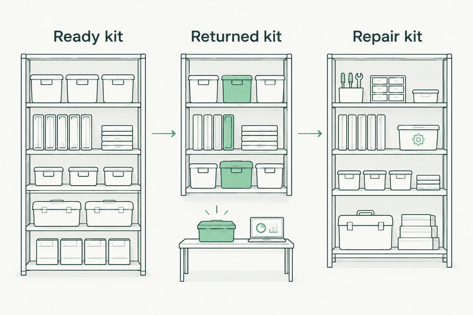 Three separate storage zones for ready, returned and repair kit