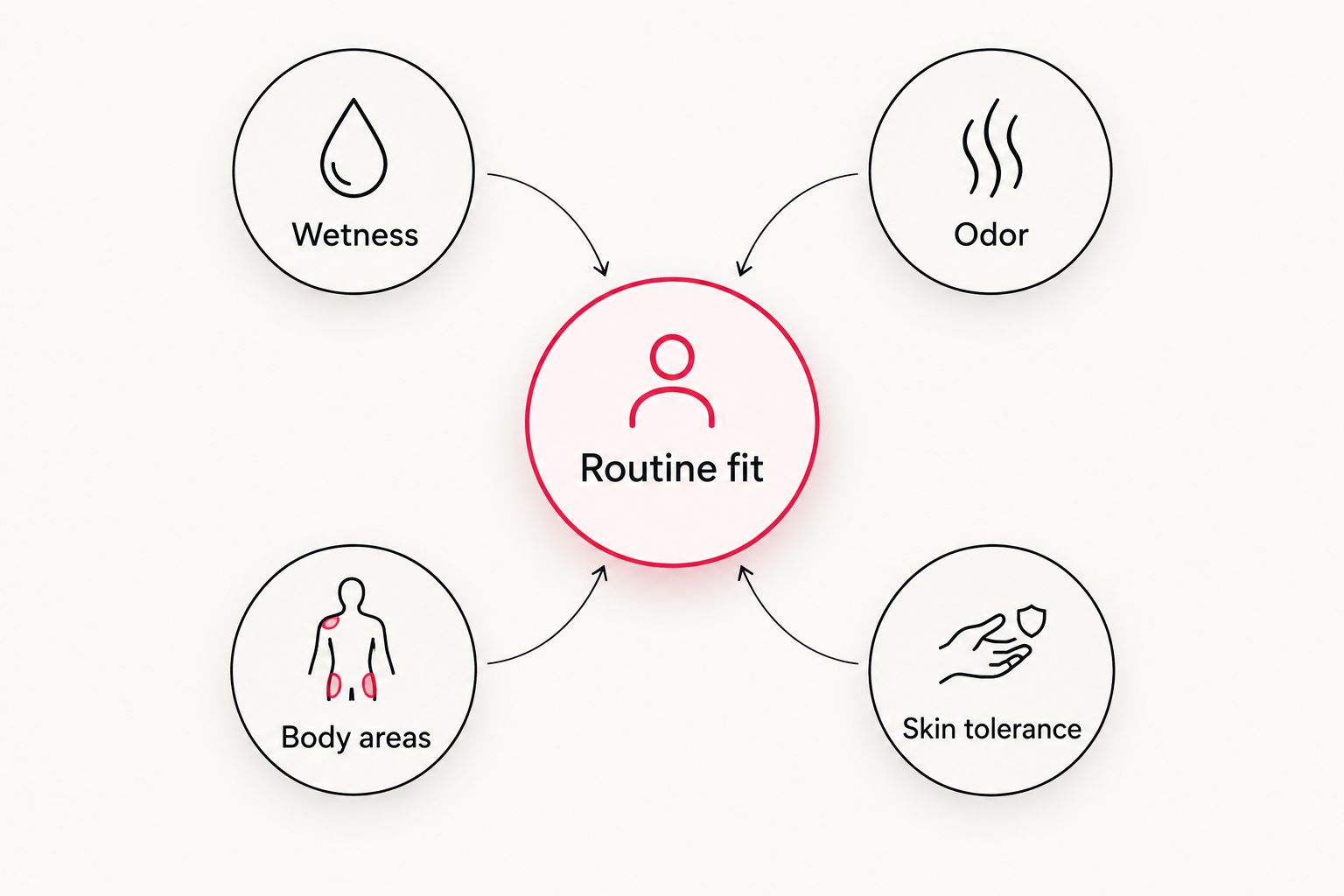 Four considerations for choosing sweat care: wetness, odor, body areas, and skin tolerance.