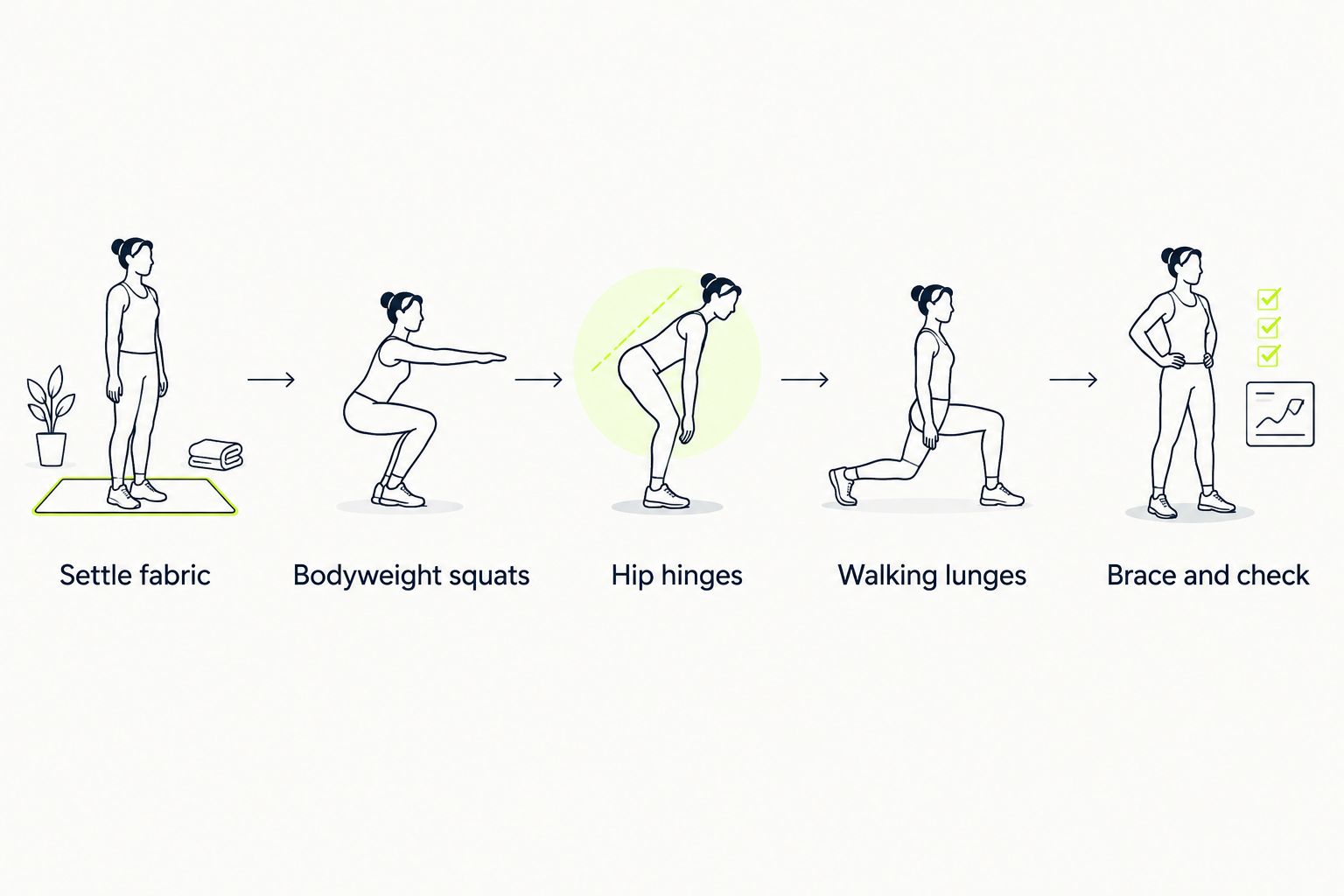 Movement sequence for checking whether leggings stay in place while lifting