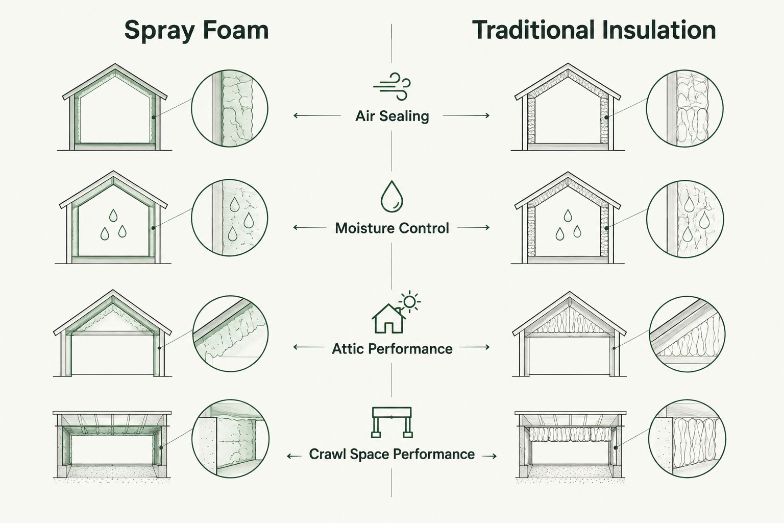 Two-column comparison of spray foam versus traditional insulation across four performance factors