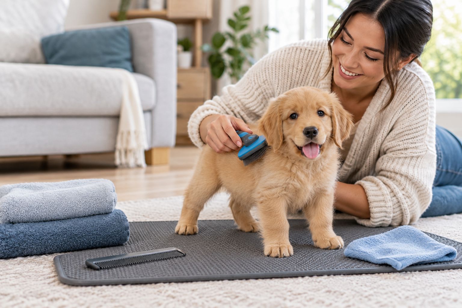 A puppy being gently brushed on a floor-level mat beside simple grooming supplies