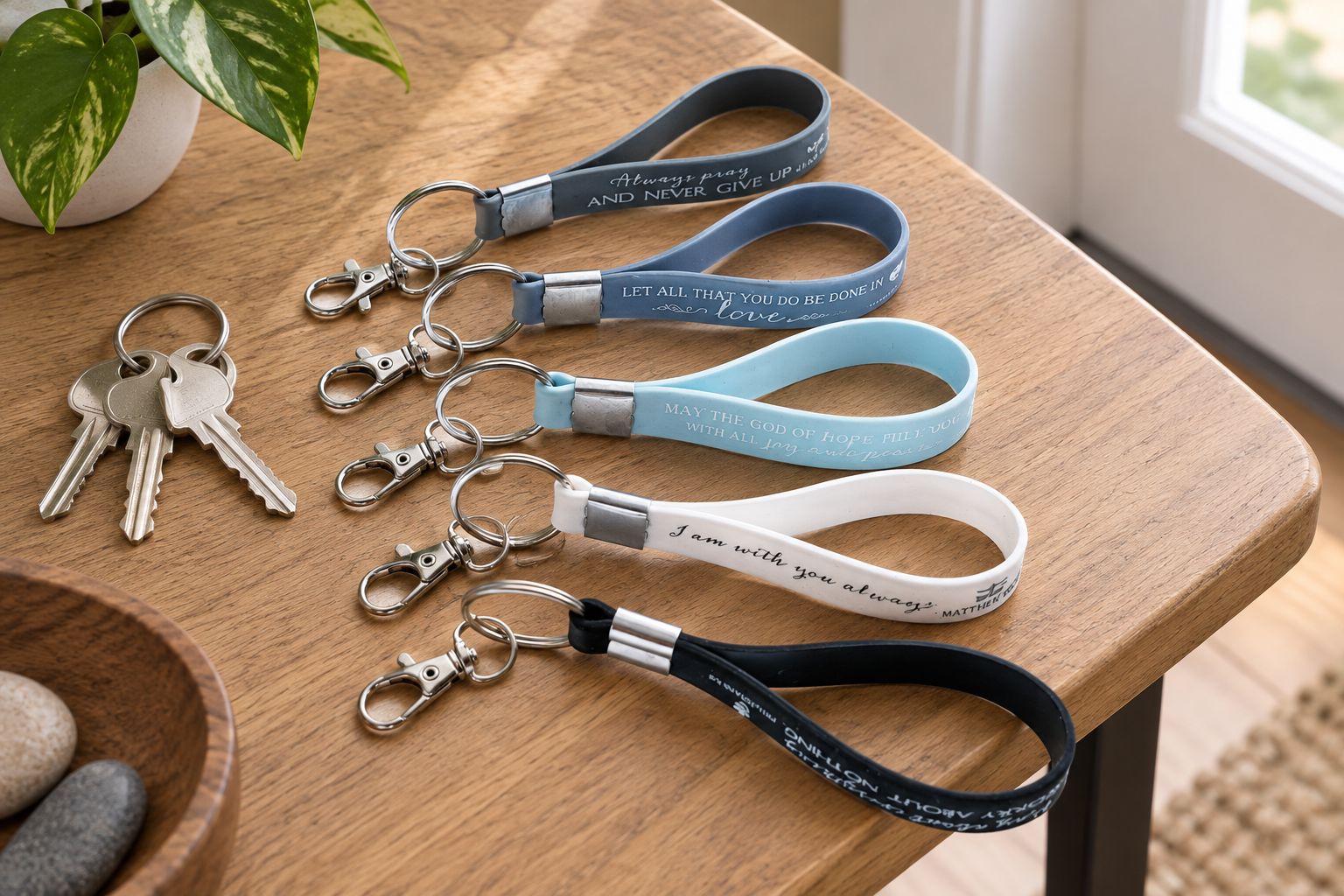 Bible verse keychain beside house keys on an entryway table.