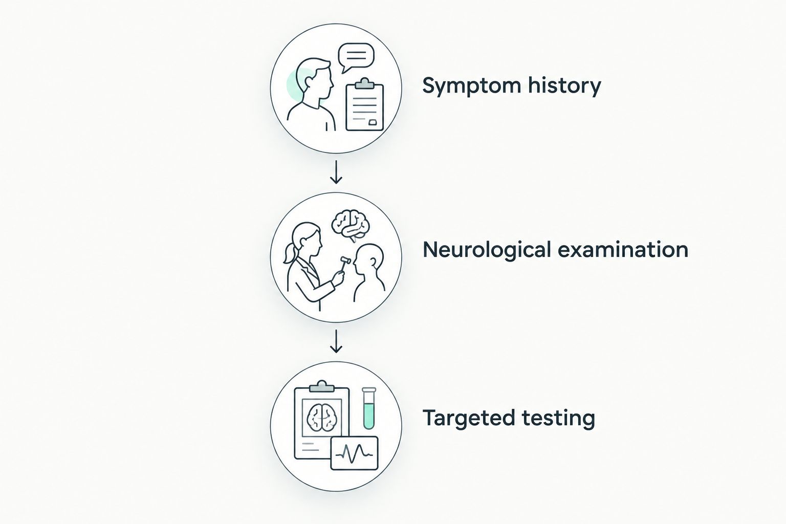 Evaluation sequence showing symptom history, neurological examination, and targeted testing