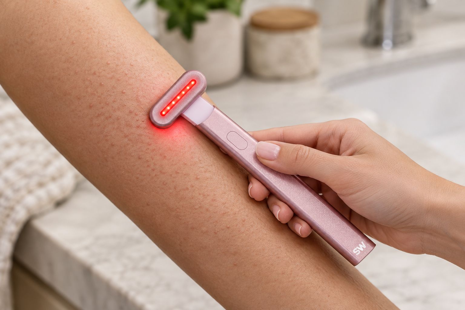 Handheld red light therapy wand being used on the forearm