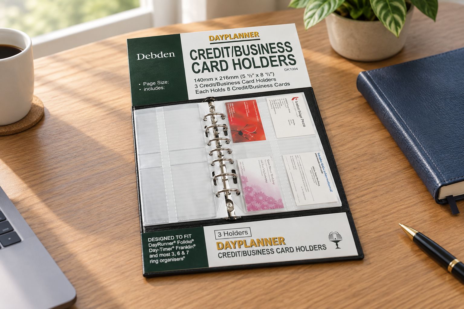 Business card holder refill open on a desk with cards in the pockets