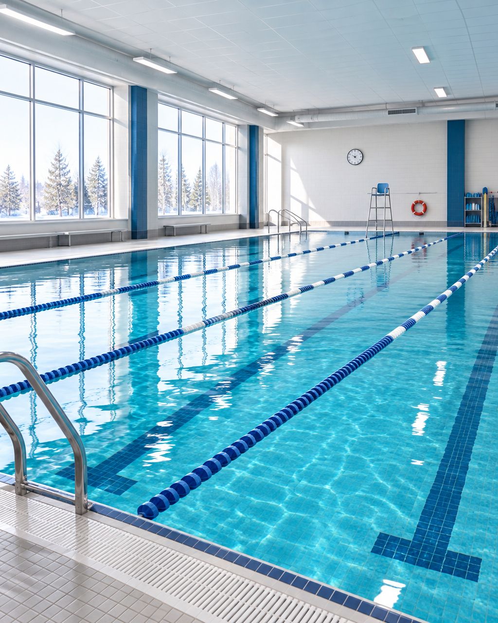 Illustrative indoor swimming pool with blue lane ropes; generated image, not a photograph of a named Calgary facility.