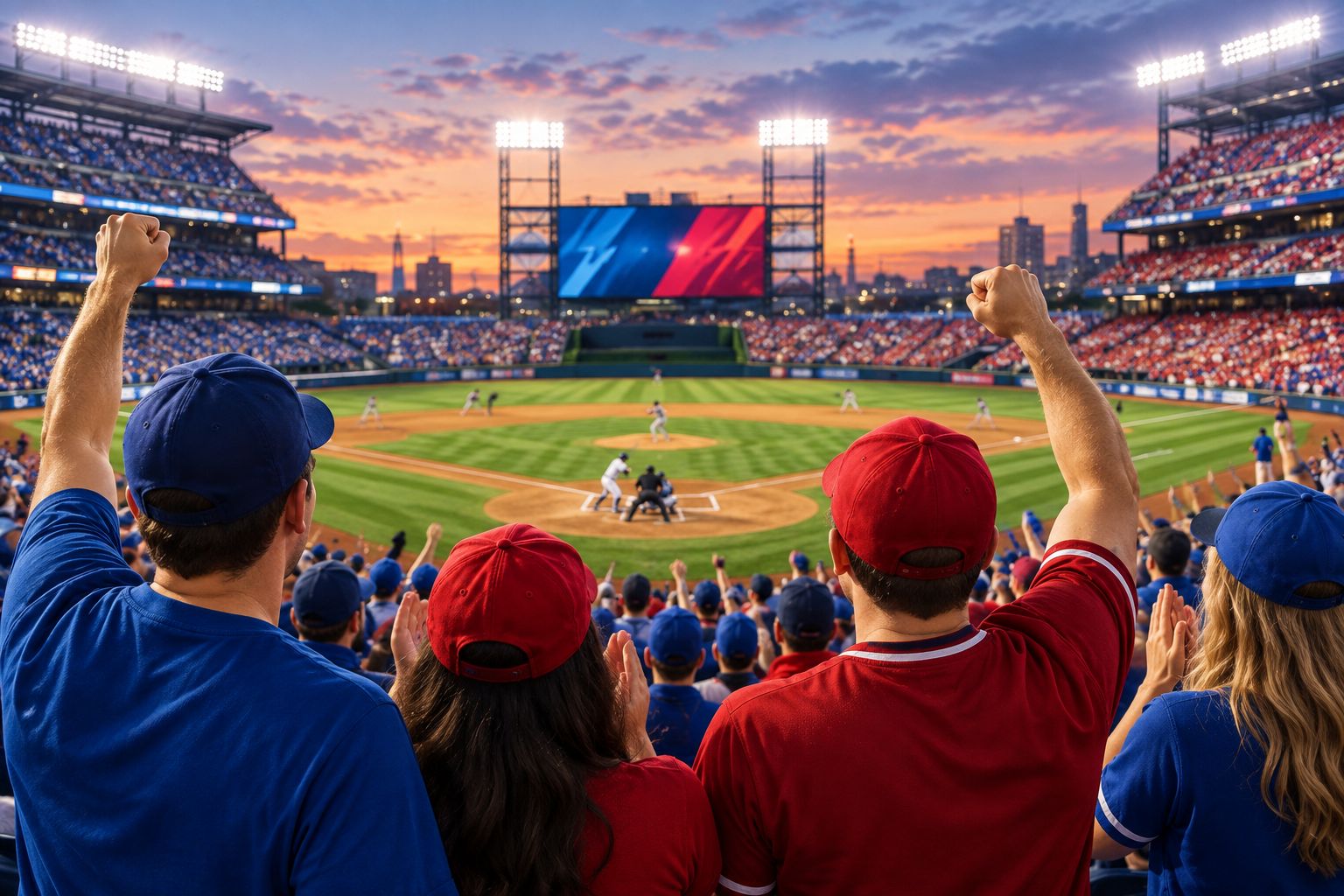 Packed rivalry-game crowd standing during a tense at-bat under stadium lights