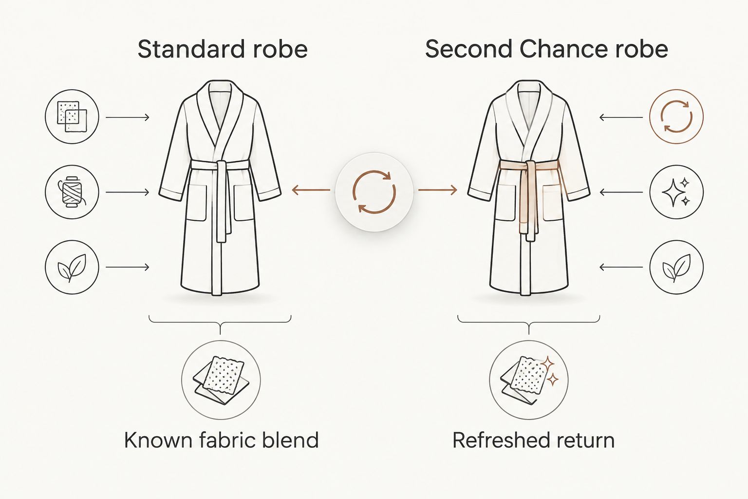 Standard robe and Second Chance robe compared by stated fabric information and return status