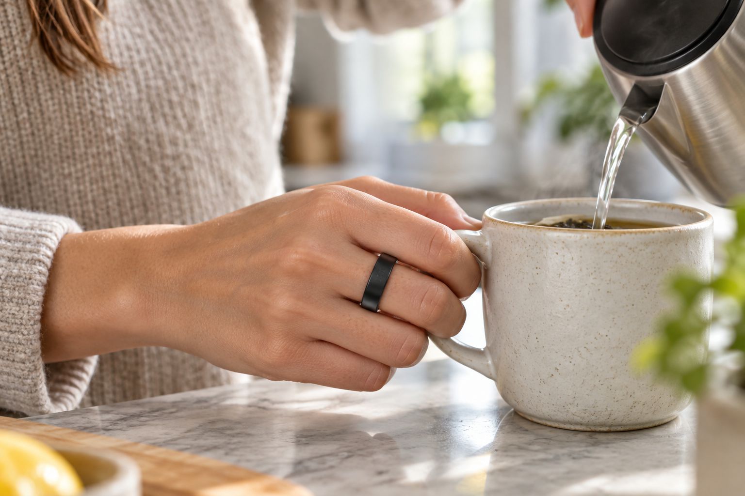 Core Smart Ring worn during an ordinary morning routine